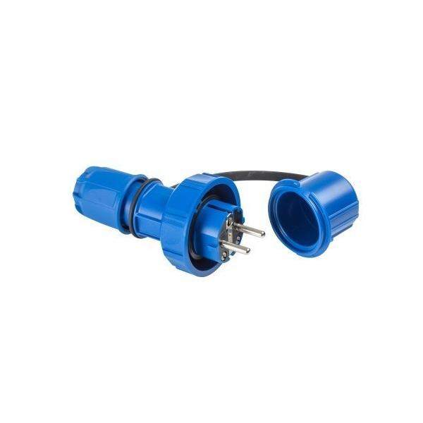 CLAVIJA SCHUKO IP68-IP66 2P+T 250V 16A CONTACTO TIPO PIN DE COLOR AZUL