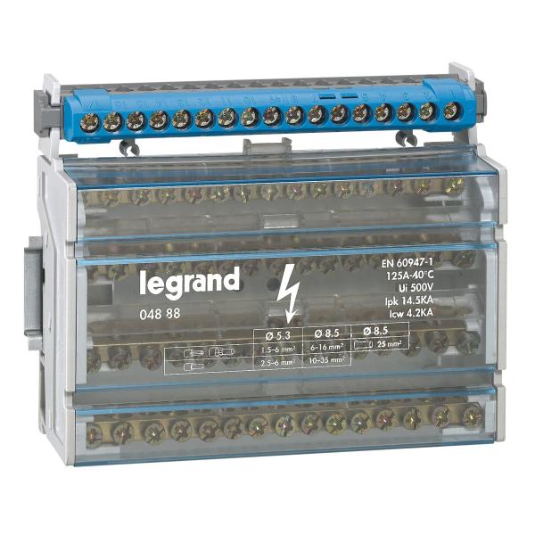 Borna de repartición IP2X - neutro - 1 conex. de 6 a 25mm² - Azul - L. 141mm