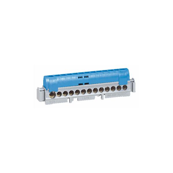 Borna de repartición IP2X - neutro - 1 conex. de 6 a 25mm² - Azul - L. 176mm
