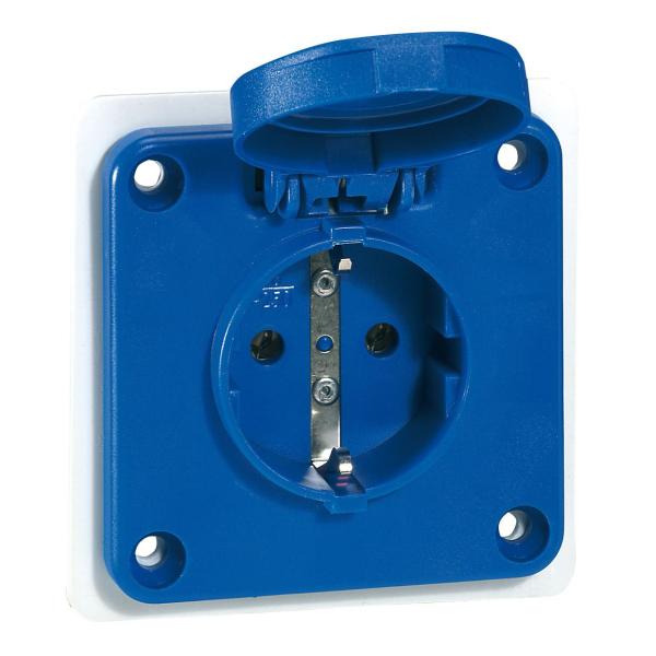 Base de cuadros P17, lateral unificado. 2P+T, 16A, IP44 - con obturadores - Azul