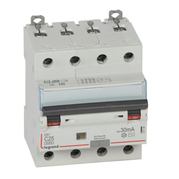 Magnetotérmico diferencial DX³ 6000/10kA curva C - 4P - 25A-30mA - Tipo AC