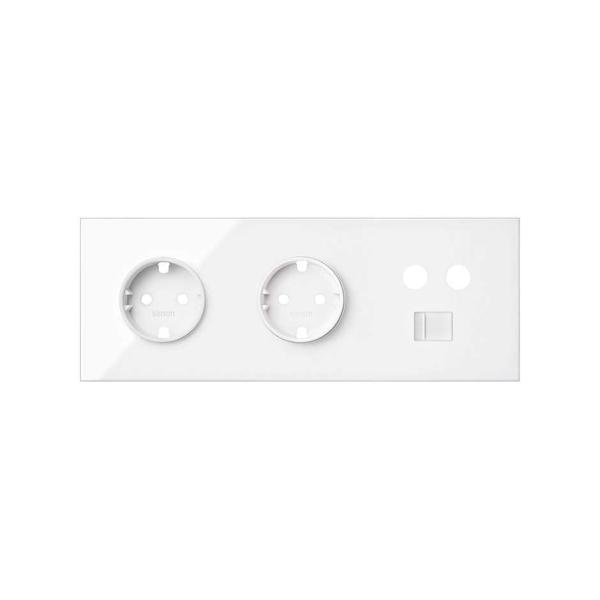 Kit front para 3 elementos con 2 bases de enchufe schuko y 1 toma R-TV+SAT única con 1 conector RJ45 blanco brillante Simon 100