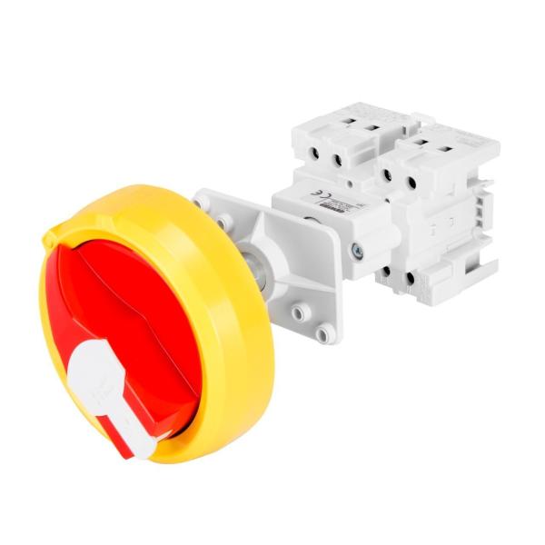 INTERRUPTOR ROTATIVO DE CUADRO 2P 16A 4 MÓDULOS EN50022 MANDO MANETA ROJA IP65