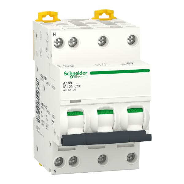 Magnetotérmico, Acti9 iC40N, 3P+N, 20 A, C curva, 6000 A (IEC 60898-1), 10 kA (IEC 60947-2)