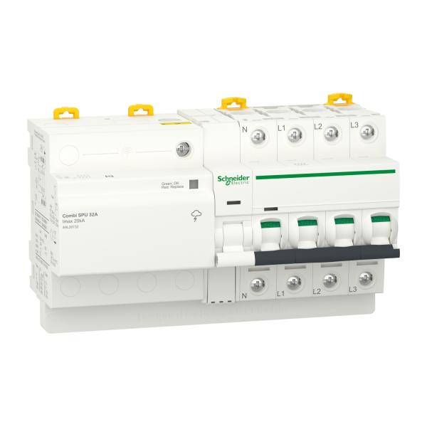 Acti9 Combi SPU, interruptor automático con protección combinada contra sobretensiones, 3P + N, 32 A