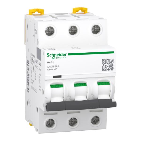 Magnetotérmico, Acti9 iC60N, 3P, 63 A, B curva, 6000 A (IEC 60898-1), 10 kA (IEC 60947-2)