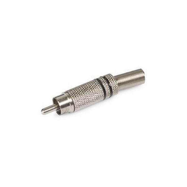 CONECTOR RCA MACHO METÁLICO PLATEADO MUELLE SALIDA CABLE LÍNEA NEGRO