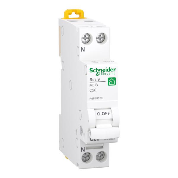 Interruptor Magnetotérmico estrecho, DPN Resi9, 1P+N, 20A, curva C, 6000A